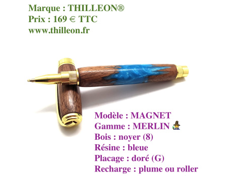 merlin_magnet_roller_noyer_dor_bleu_stylo_artisanal_bois_rsine_thilleon_ouvert_marque